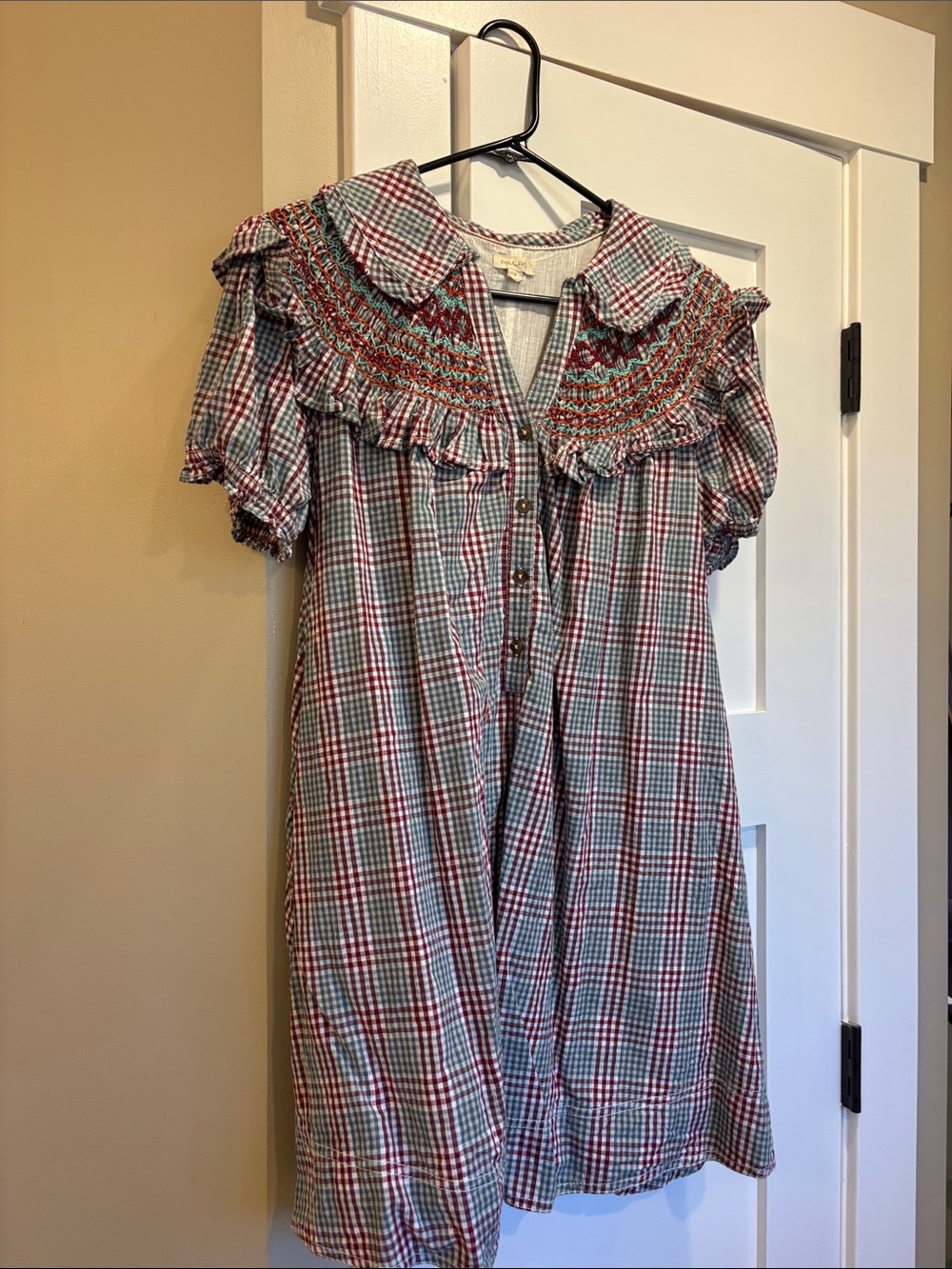 Pilcro Red and Green Plaid Smocked Midi Dress